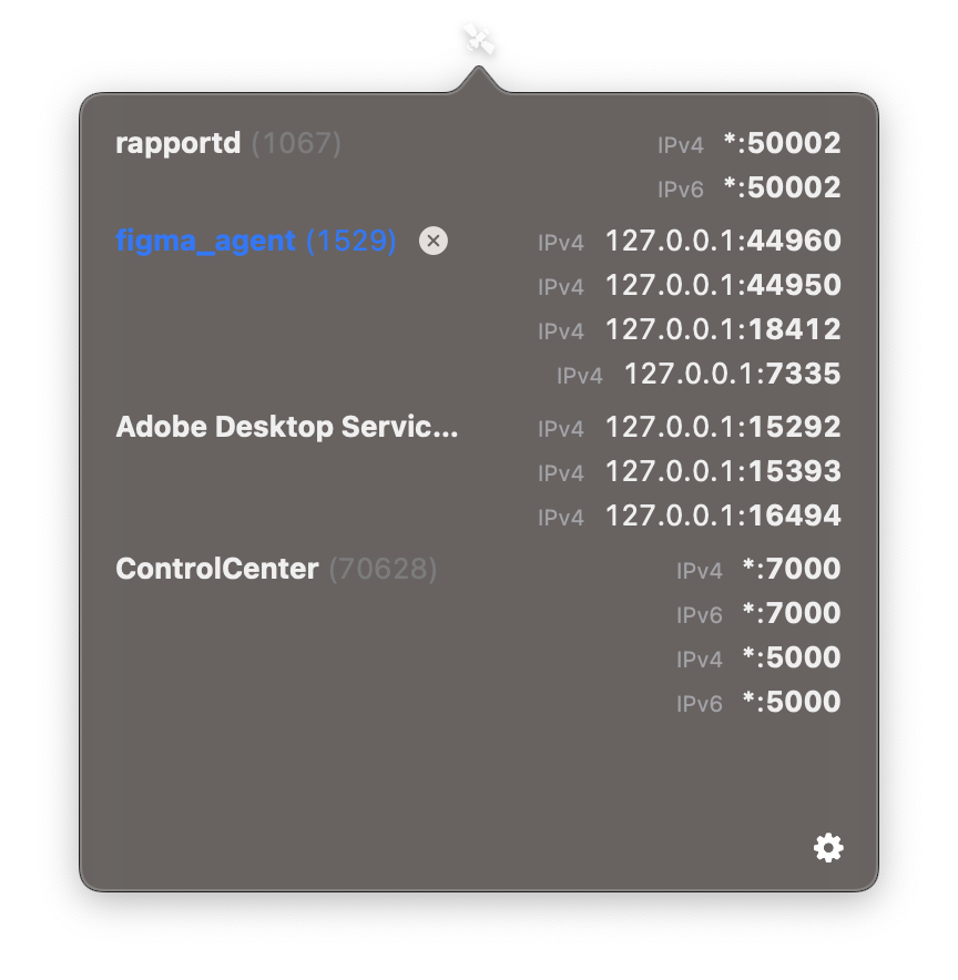 Menu bar popover of Ports showing five processes with 9 opened ports.