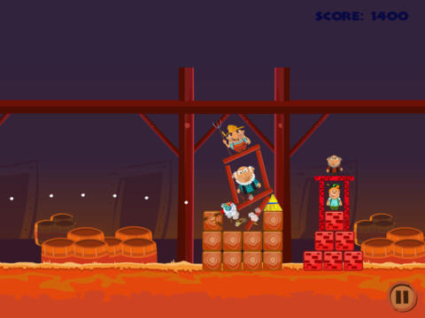 Angry Farm screenshot showing a chicken used to crush the towers of the farmers