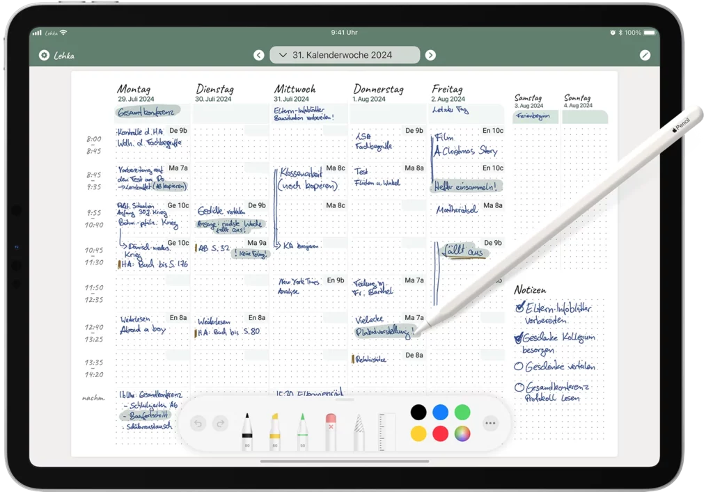 Lehka App with handwritten notes on the week page